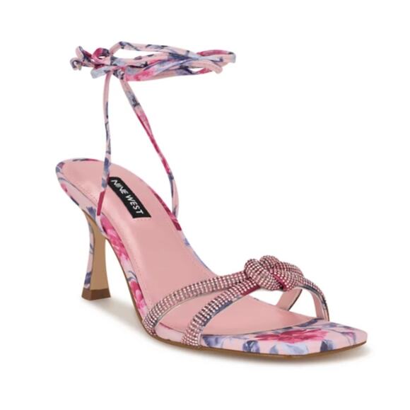 Nine West Raqchel Embellished Lace Up heels pink mystic garden print - 10 - Picture 1 of 13